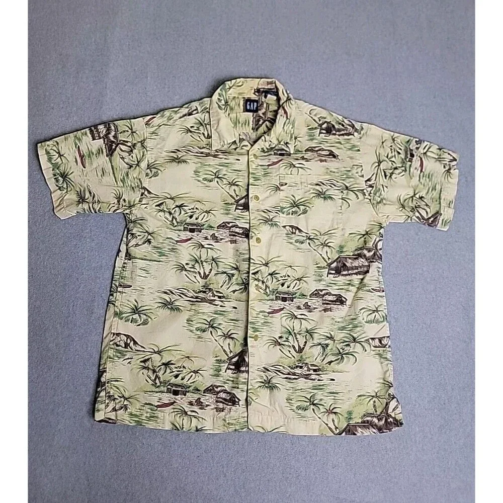 Vintage GAP‎ Hawaiian Shirt Mens L Brown Tiki Hut Native Cotton Pocket Dad Camp